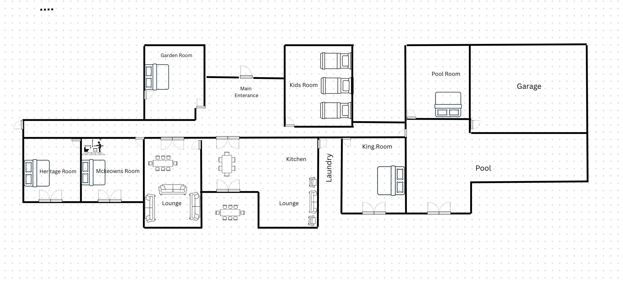 Floor plan layout of McKeowns Rest at Kenzell Farm—our spacious, rustic-luxe homestead near Oberon and Jenolan Caves. Designed for family farm stays, the plan includes multiple bedrooms, large living areas, and full guest amenities.