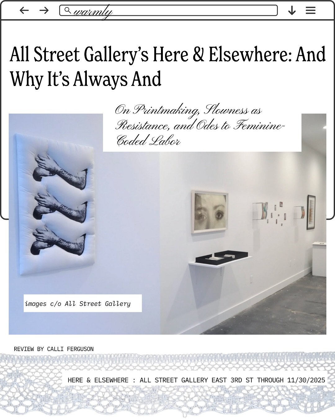 In Here &amp; Elsewhere, five artists approach the printmaking medium with a tenderness for its slowness&mdash;its repetition, texture, and detail&mdash;mirroring in each other forms of labor, and finding social sentiment in personal archive and nonl