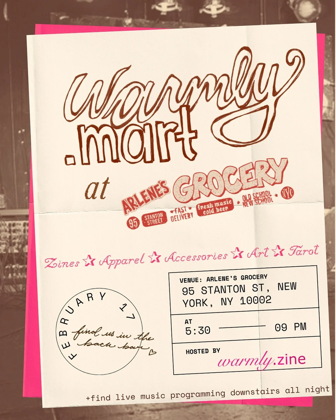 warmly.mart is coming to arlene&rsquo;s Tuesday Feb 17th to celebrate local makers, creative spirit, and hang out over cool stuff and good energy !!💫💿❤️&zwj;🔥 

come shop our epic little line up of vendors&hellip; 
🌀zines from:
@warmly.zine (your