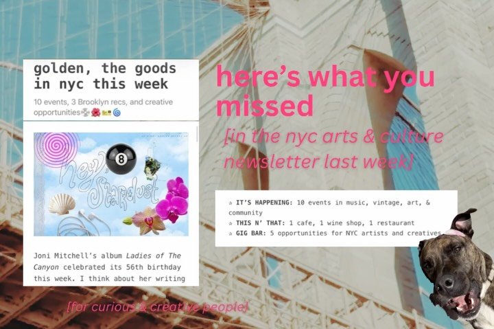 ꩜last week in the warmly-verse꩜
we let ladies of the canyon soundtrack a read on the events, spots, &amp; gigs of this very april newsletter which included 
✰ IT&rsquo;S HAPPENING: 10 events in music, vintage, art, &amp; community
✰ THIS N&rsquo; THA