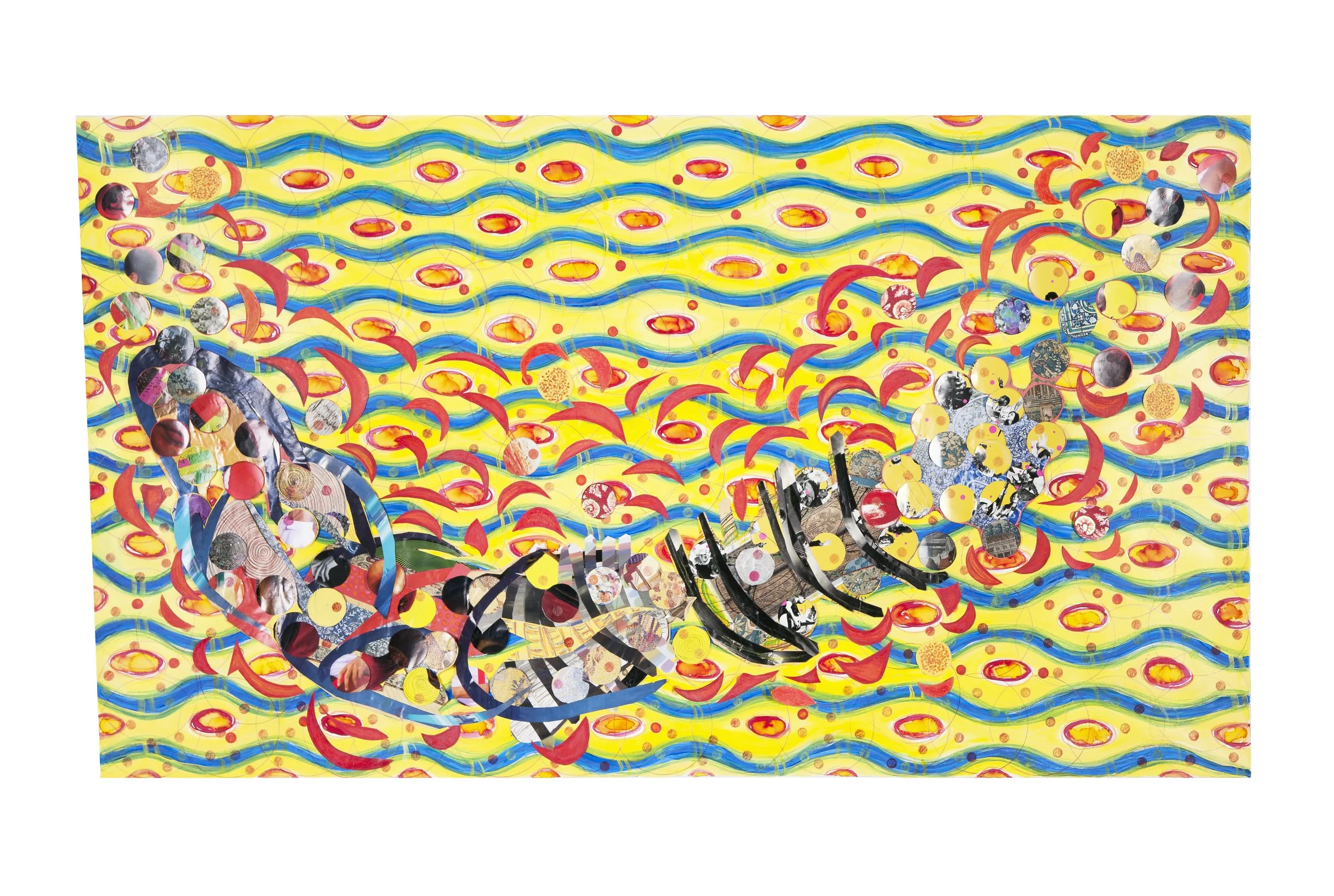 "Music of Protest", 36 x 60 inches, polymer paints, inks, color pencils, and cut papers. 