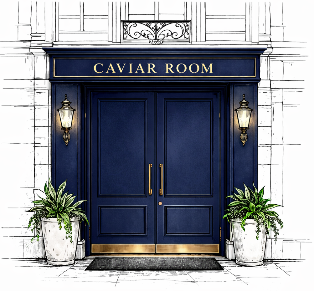 Stylized drawing of the entrance to a caviar room with navy blue double doors, gold handles, and a gold sign above that reads "CAVIAR ROOM". The door is flanked by two wall-mounted lanterns and potted plants on each side, with a black doormat in front.