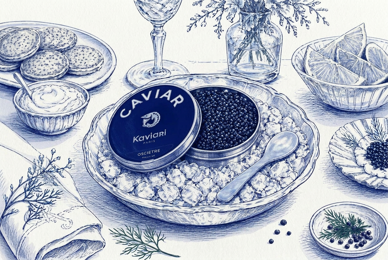 A table set with caviar, lemon slices, crackers, dipping sauce, and garnishes, with a glass of wine and a jar of flowers in the background.