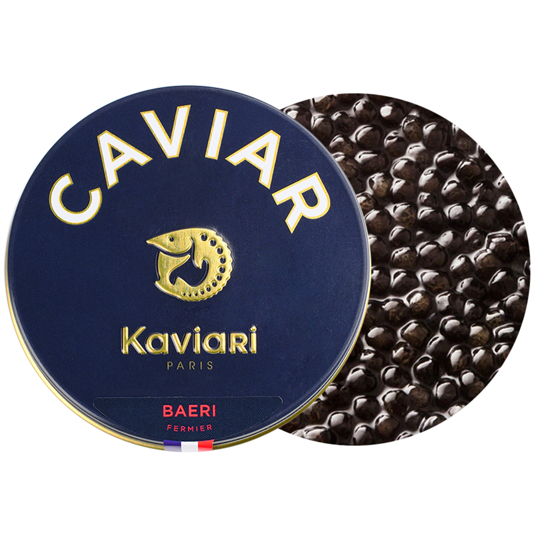 Caviar tin with gold and blue design, scattered black caviar pearls.
