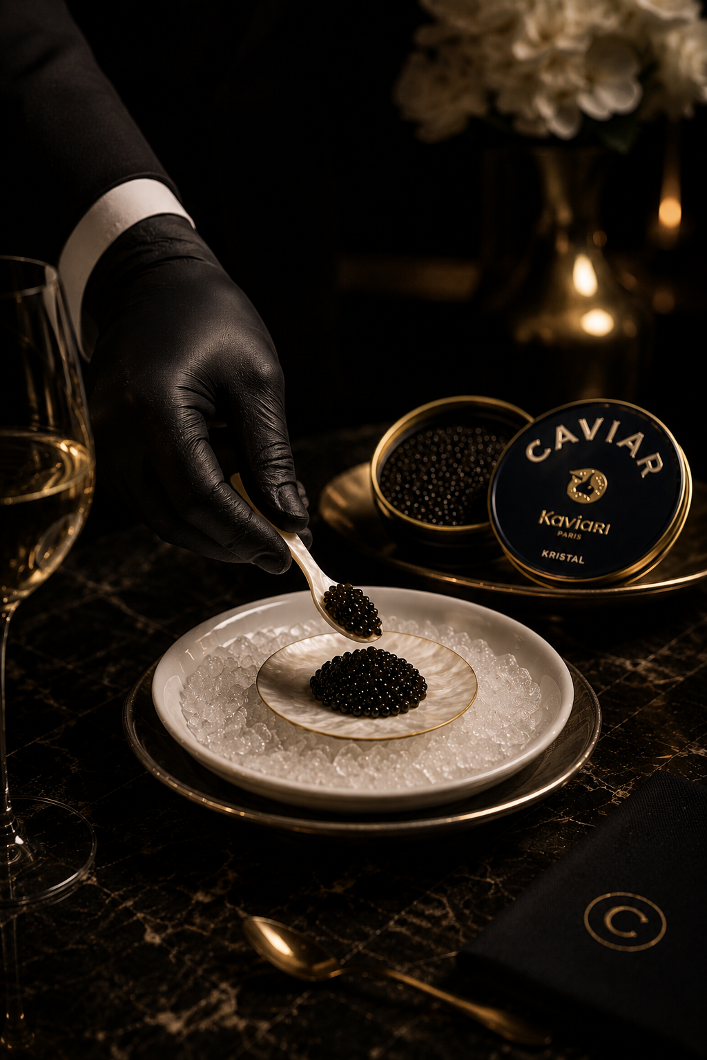 A hand in a black glove is spooning black caviar from a container onto a decorative dish with gold edges, surrounded by elegant black and gold packaging and a glass of white wine on a dark marble surface.