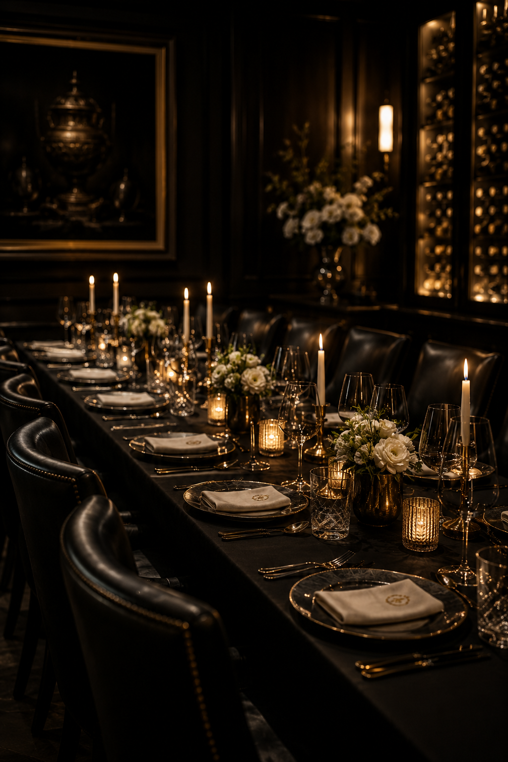 Elegant dining table set for a formal dinner with black tablecloth, white floral centerpieces, gold candleholders, and lit candles in a dimly lit room with dark walls and artwork.