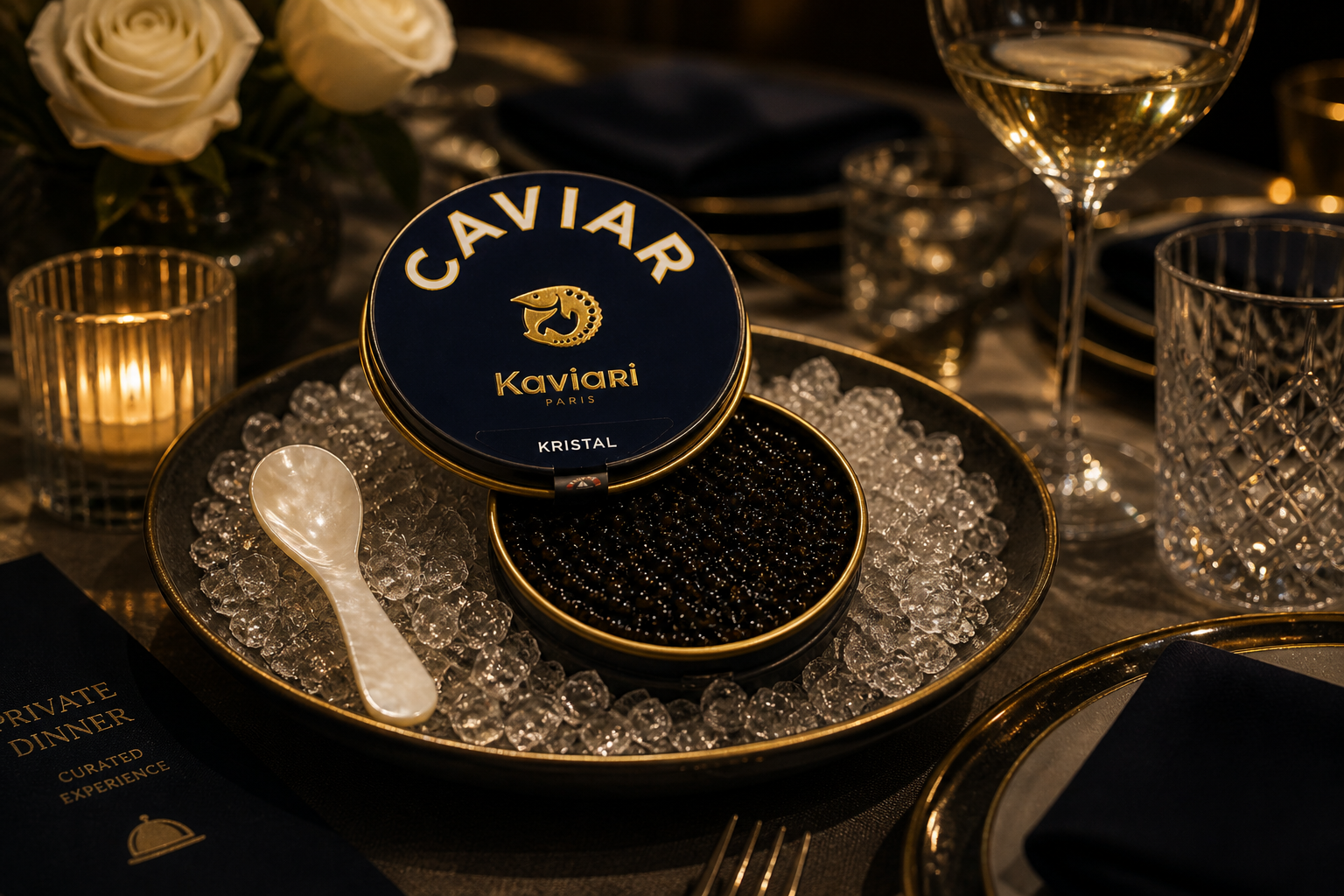 A black tin labeled 'CAVIAR' with gold lettering and logo, sitting on a bed of ice, surrounded by elegant glassware and candles at a formal dinner setting.