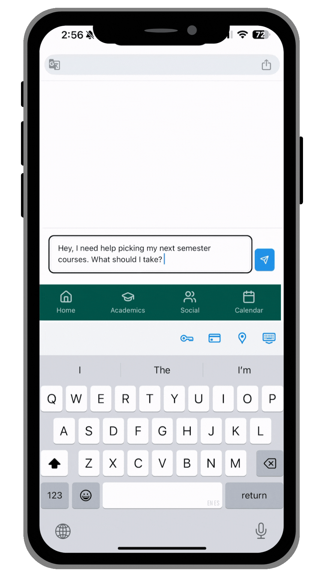 Animated mobile screen showing a student using an AI academic advisor to get help choosing next semester courses through a chat interface.