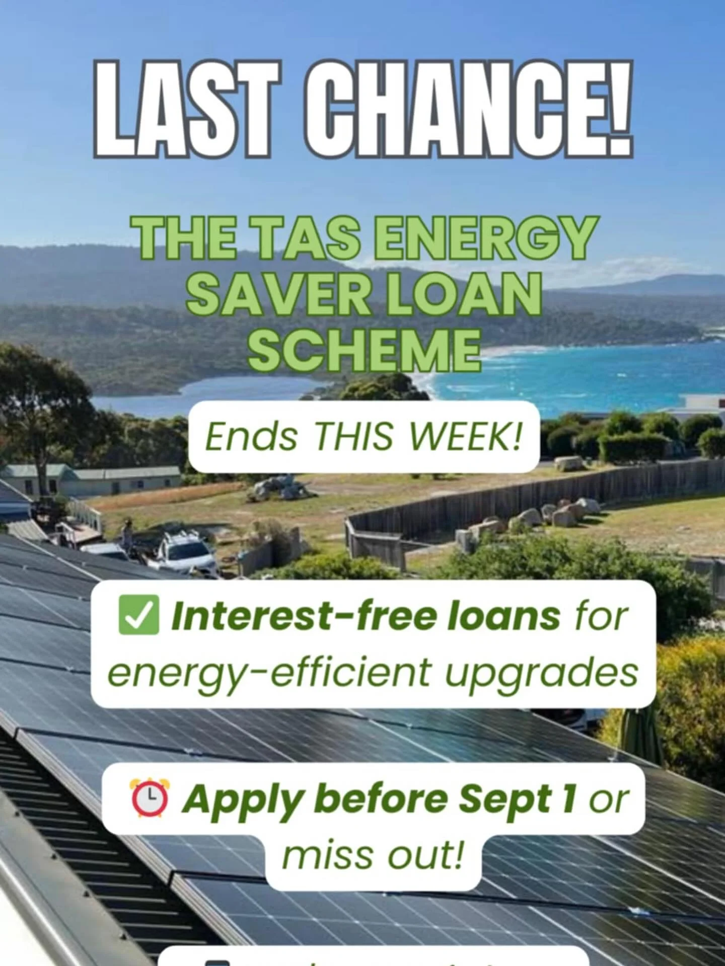 LAST CHANCE to access the Tas Energy Saver Loan Scheme! ⚡

Are you thinking about upgrading to energy-efficient products for your home or business? Now&rsquo;s the time to act!

The Tas Energy Saver Loan Scheme &mdash; offered through Brighte &mdash;