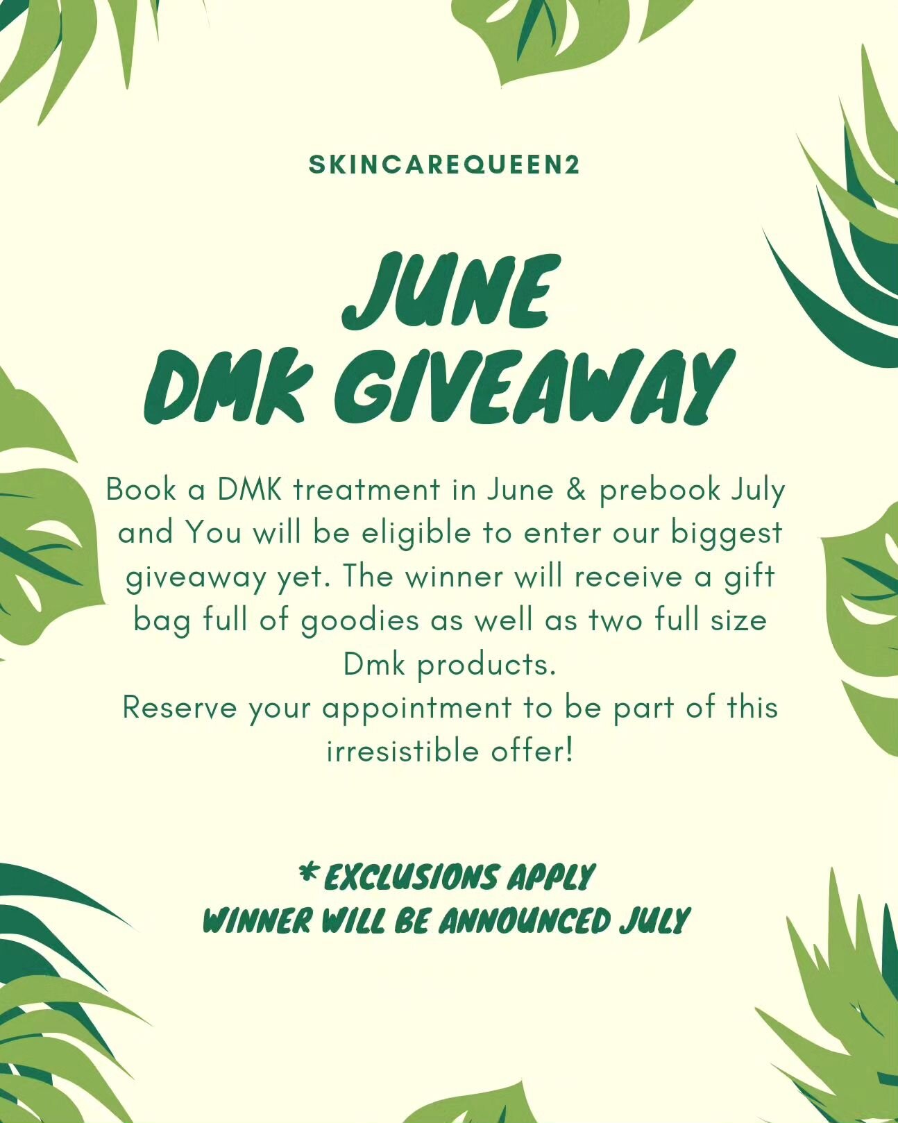 Kicking off the start of Summer with a Fun &amp; Amazing GIVEAWAY !!!!

IF you haven't booked your June treatment you are missing out.
The winner will receive a Goodie gift bag with 2 FULL SIZE products.