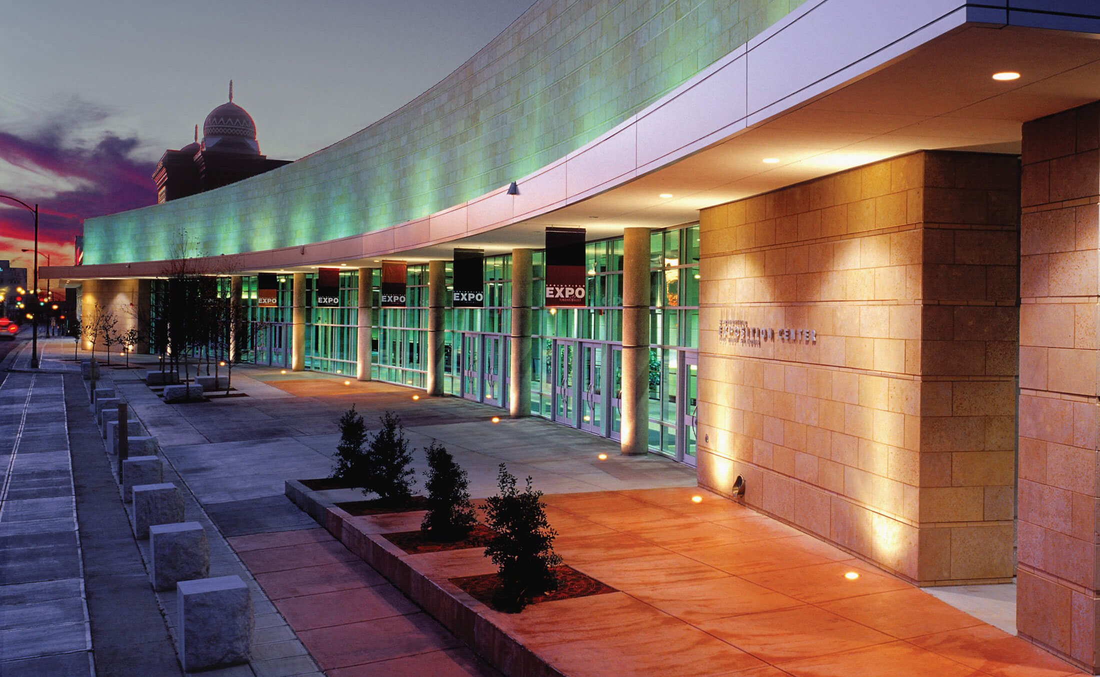 A night time photograph displaying the front facade of the Springfield Missouri Convention Center.