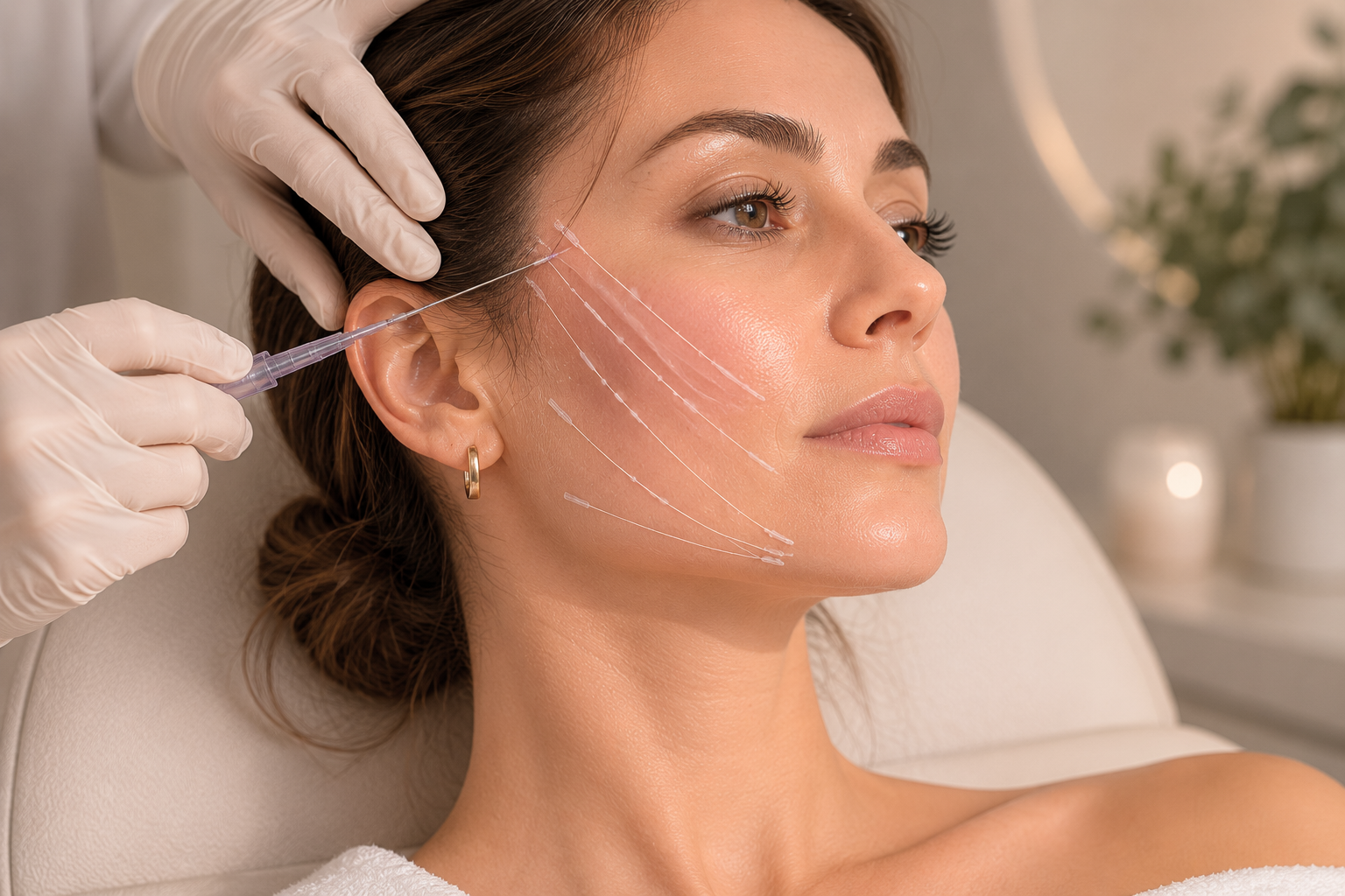 Fils tenseurs du visage réalisés en médecine esthétique pour retendre la peau et redéfinir naturellement l’ovale du visage à Yverdon-les-Bains.