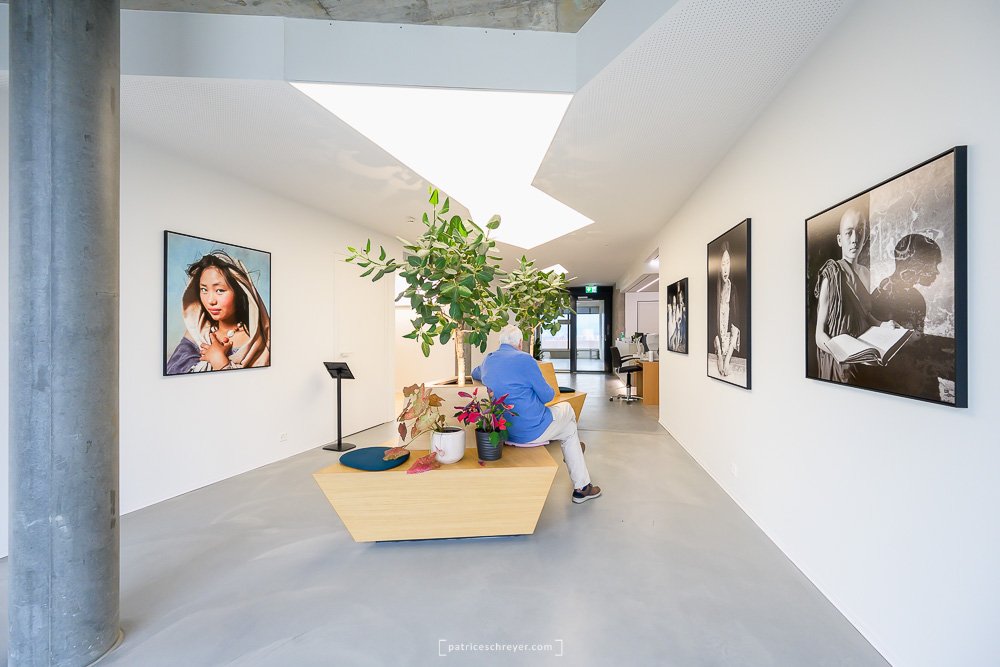 Salle d'attente avec un homme assis sur un banc en bois, un arbre vert, des œuvres d'art sur les murs, et une entrée en arrière-plan.