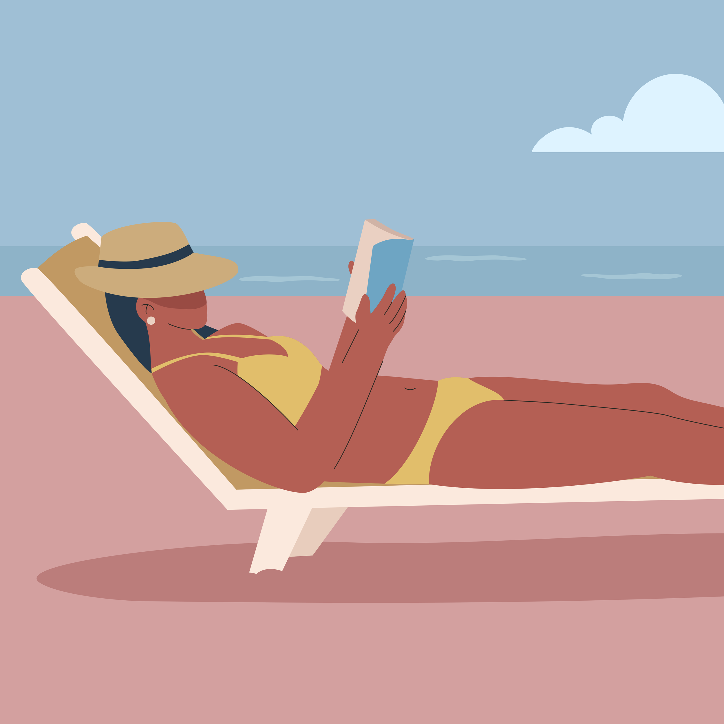 A woman wearing a large sunhat and earrings is relaxing on a beach chair, reading a book, with the ocean and a partly cloudy sky in the background.