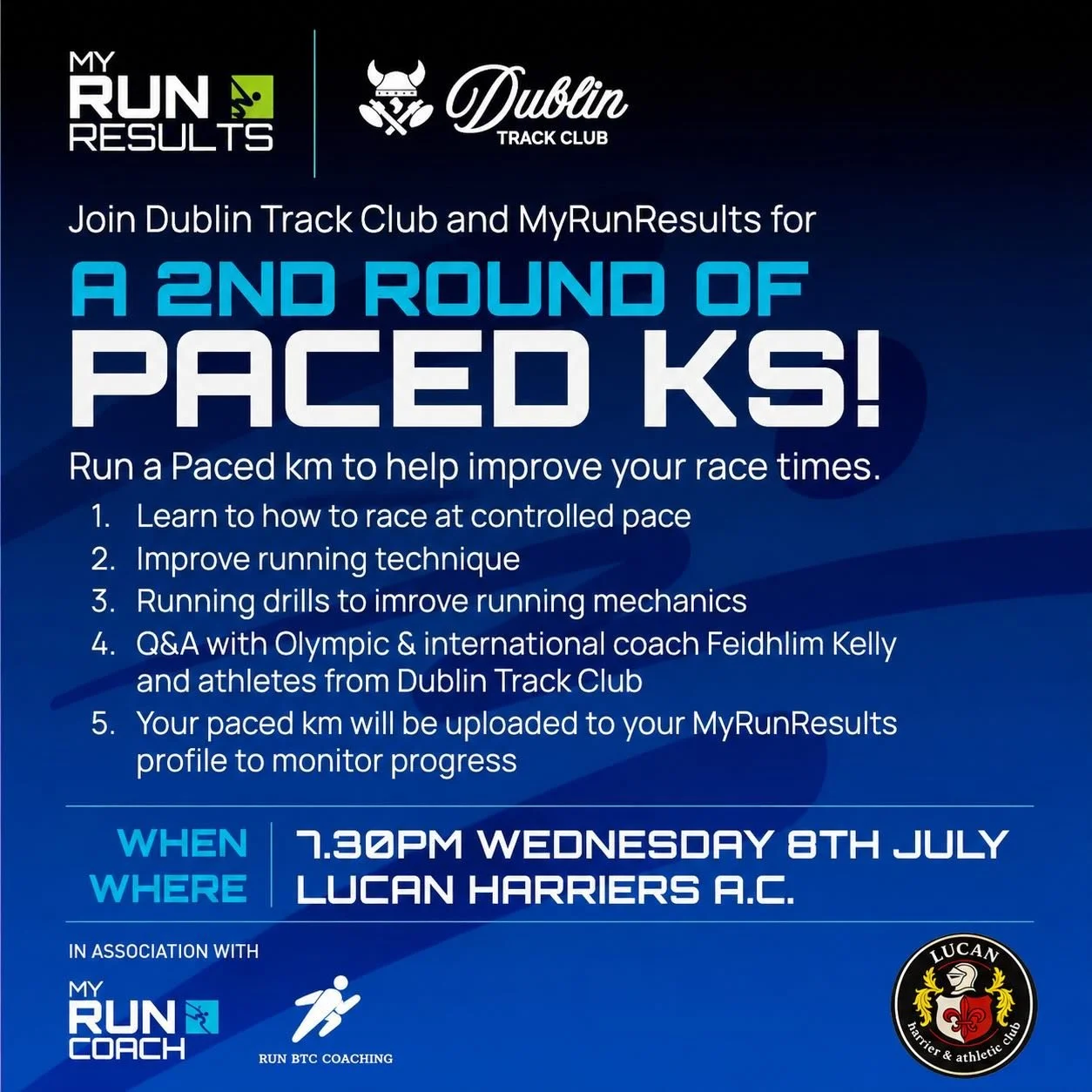 Join us at our track next Wednesday 8th July where we will host a paced km by @dublintrackclub and @myrunresults Tickets can be purchased here https://myrunresults.com/events/paced_ks_with_dublin_track_club/6215/details