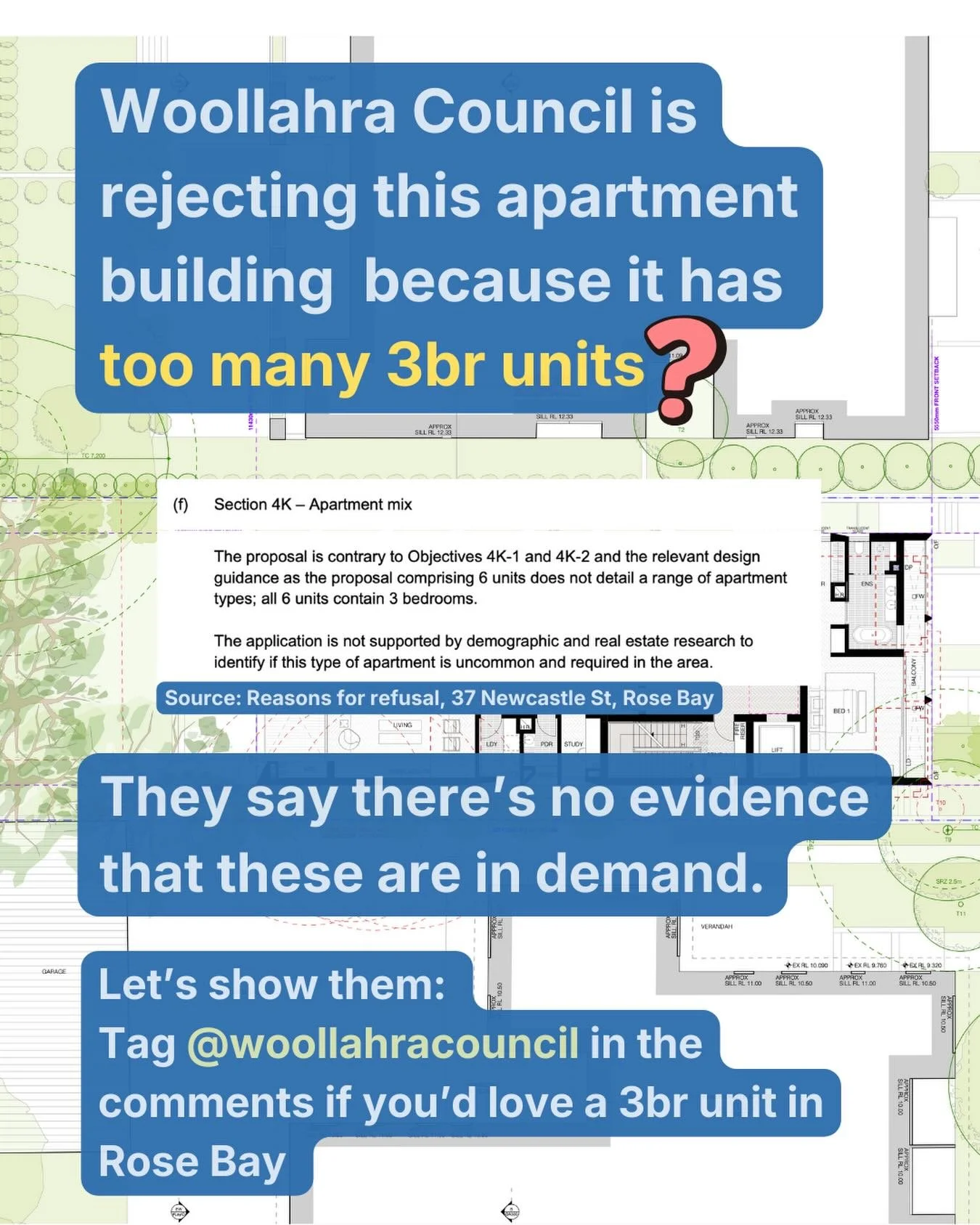 Woollahra council wants to reject this 6x3br development because it has too many 3br units, because they don&rsquo;t believe there&rsquo;s a shortage.

Tag @woollahracouncil in the comments if you&rsquo;d like a 3br apartment in Rose Bay!