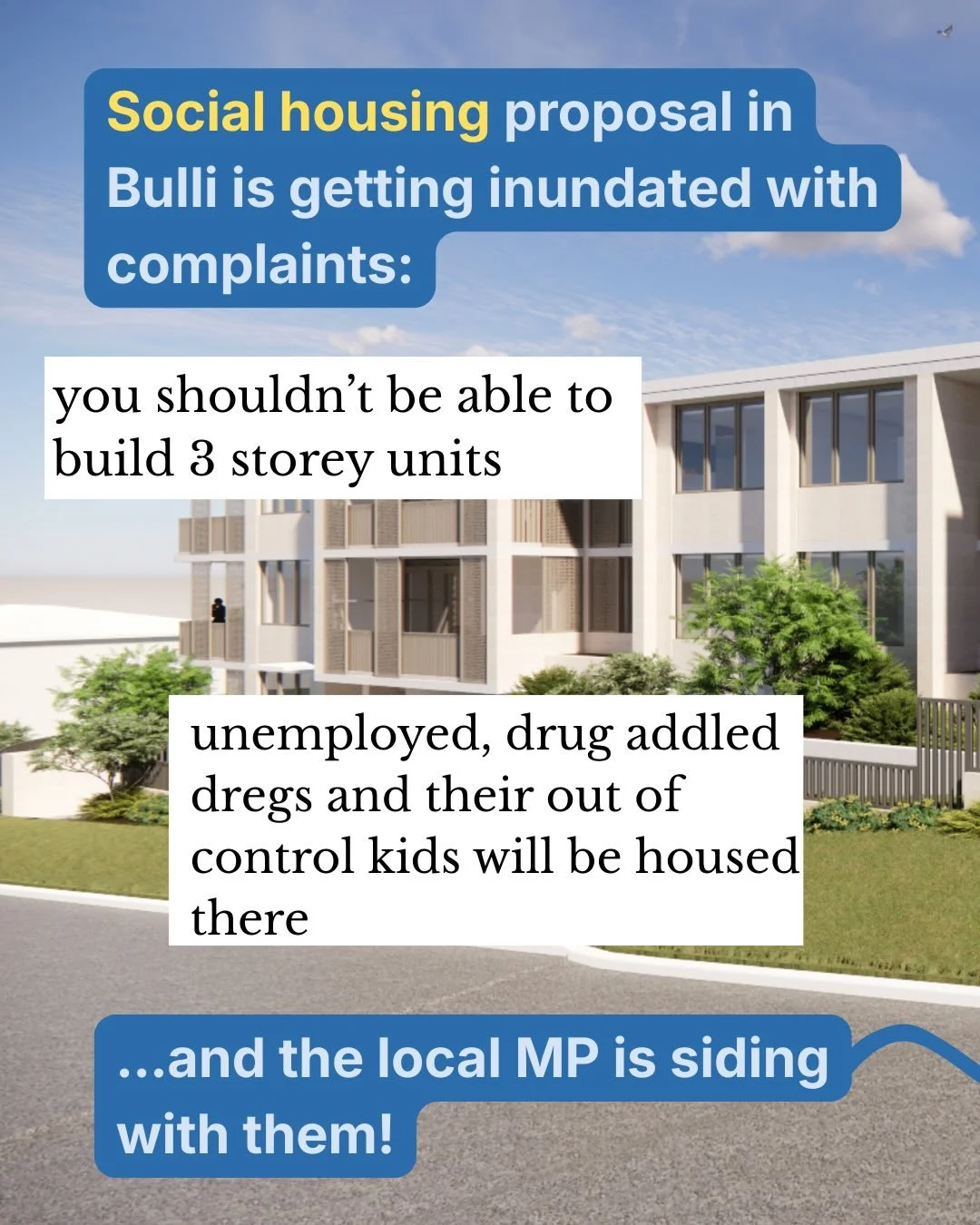 LINK IN BIO it takes 2 minutes to make a submission in favour of 13 social housing units.

If we don&rsquo;t this development will get smaller and smaller as the &ldquo;Bulli should remain two storeys&rdquo; crew get their way.

We&rsquo;ve been on r