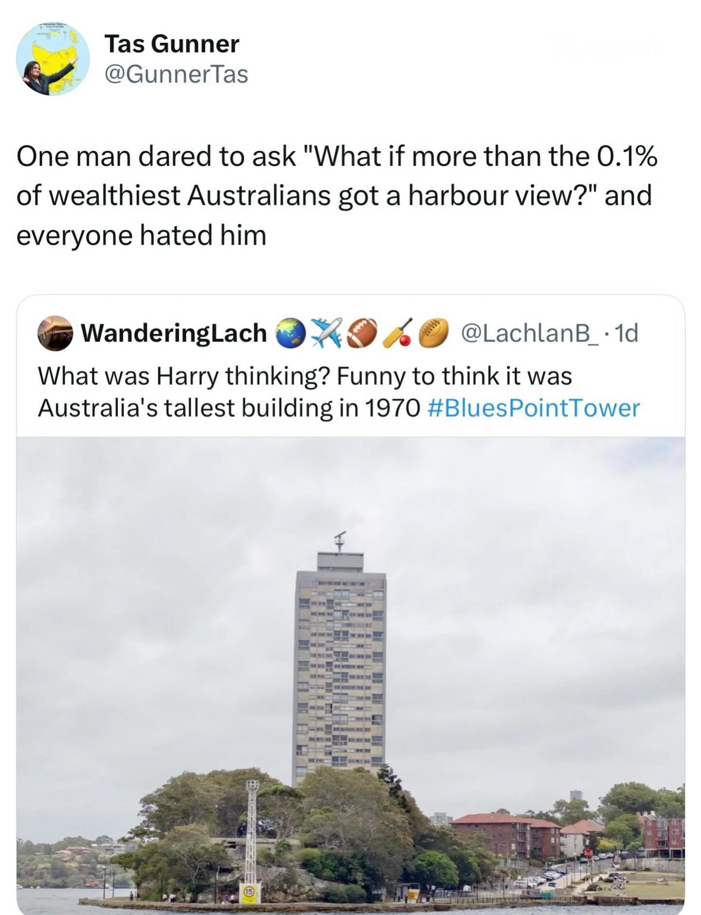 We&rsquo;re seeing a lot of heritage listings now for buildings like Blues Point tower.

Some for similar buildings in Elizabeth Bay cite that these buildings are significant as &ldquo;evidence of a time when we allowed tall buildings near the water&