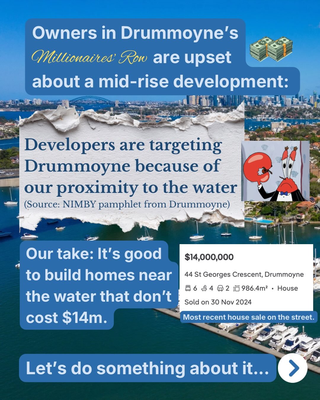 LINK IN BIO to support cheaper homes on the water in Drummoyne. 

This development is close to shops, near a bus stop that&rsquo;s 20 mins from the city and includes affordable housing.

We need your help to fight a determined campaign from some of t