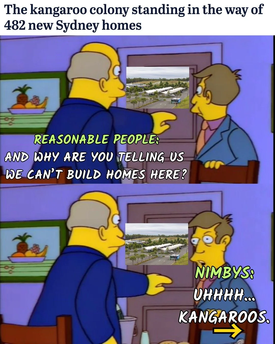 NIMBYs are fighting the conversion of a surface car park at Caddens into apartments, shops and parkland, claiming that somehow acres of asphalt are beneficial to a local kangaroo population.

We see a lot of these kinds of bizarres excuses now that p