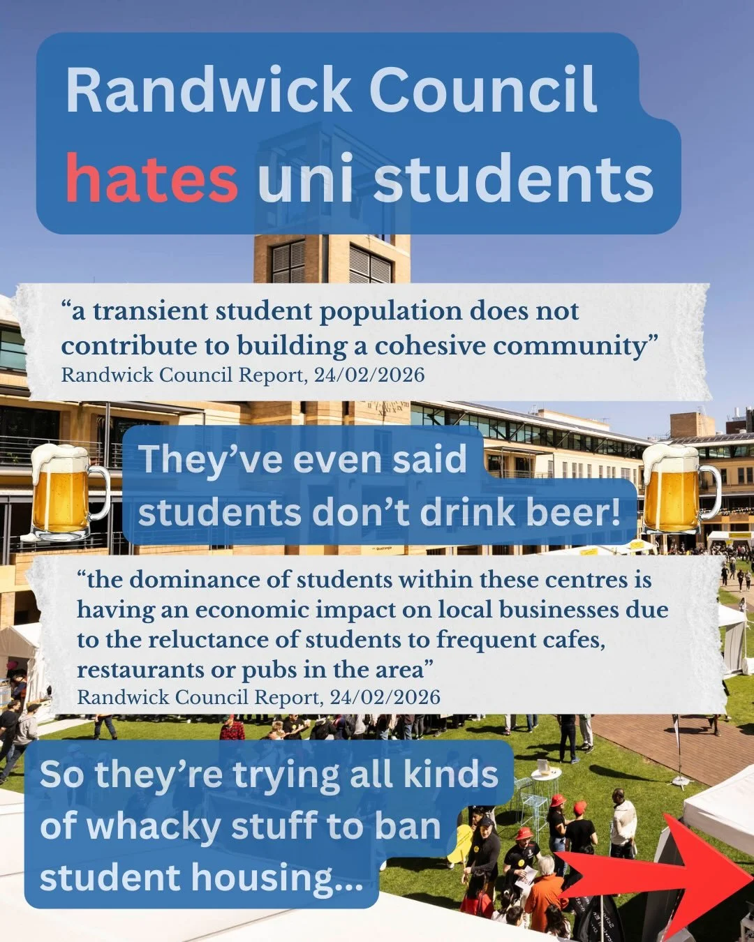 Randwick Council are bitterly opposed to building enough student housing around UNSW. They&rsquo;ve fought each development arguing they&rsquo;re inappropriate, driving weekly rents up above $700. Now there trying to ban student housing as a category