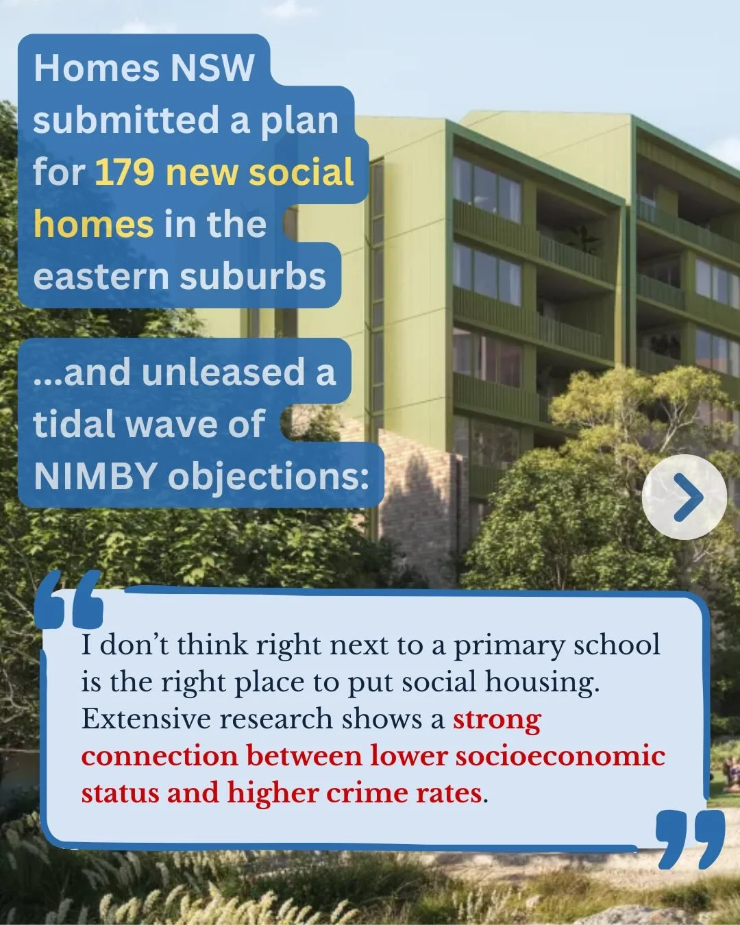 The State Government&rsquo;s public housing arm has recently proposed 179 new social homes in the Hillsdale, and the local NIMBYs aren&rsquo;t happy. 
Sydney YIMBY made an organisational submission in favour of this, but almost every other public com