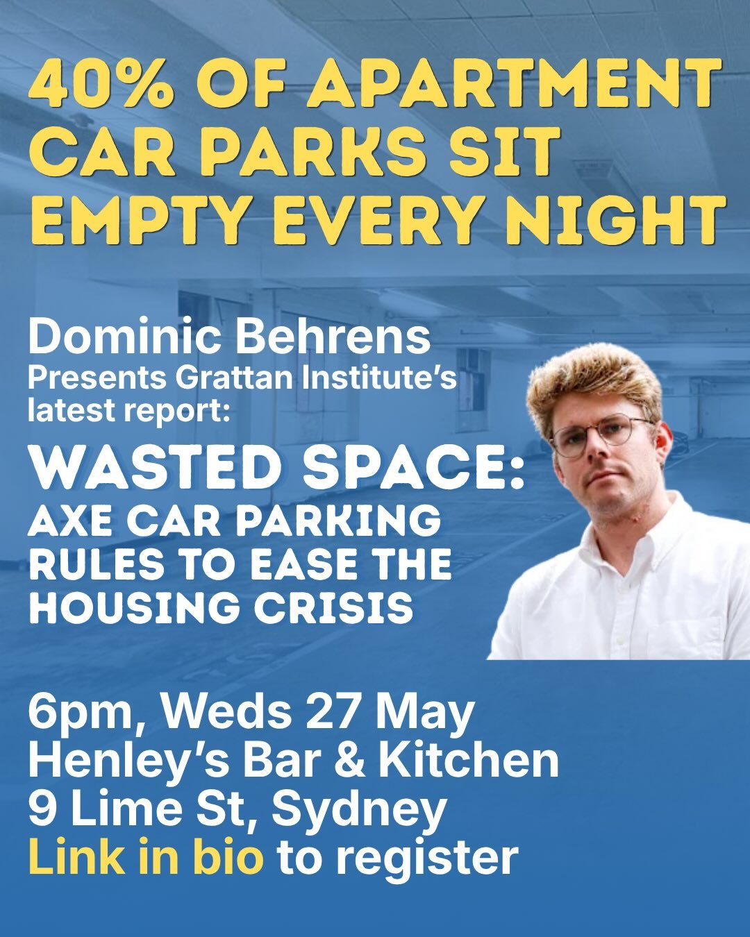 🎟️ link in bio for Sydney YIMBY&rsquo;s monthly drinks with a special guest speaker.

When 40% of apartment parking spots are empty and 80% of people who regularly park on the street have parking off street, are we just wasting space and money build