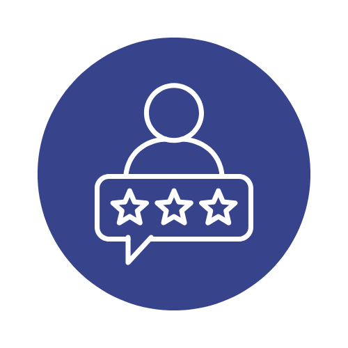 Icon of a person with a speech bubble containing three stars, indicating reviews or ratings.