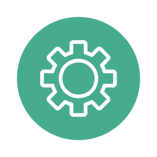 Icon of a white gear inside a teal circle.