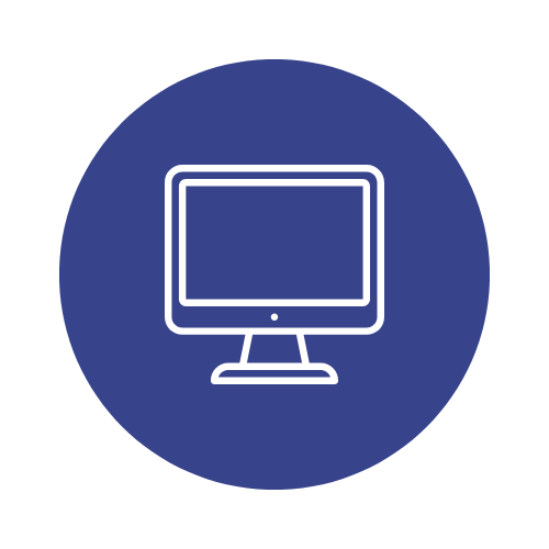 Icon of a computer monitor on a dark blue circular background.