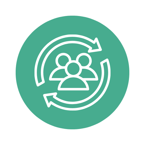 Icon of three people surrounded by arrows in a circular motion, representing teamwork or collaboration.
