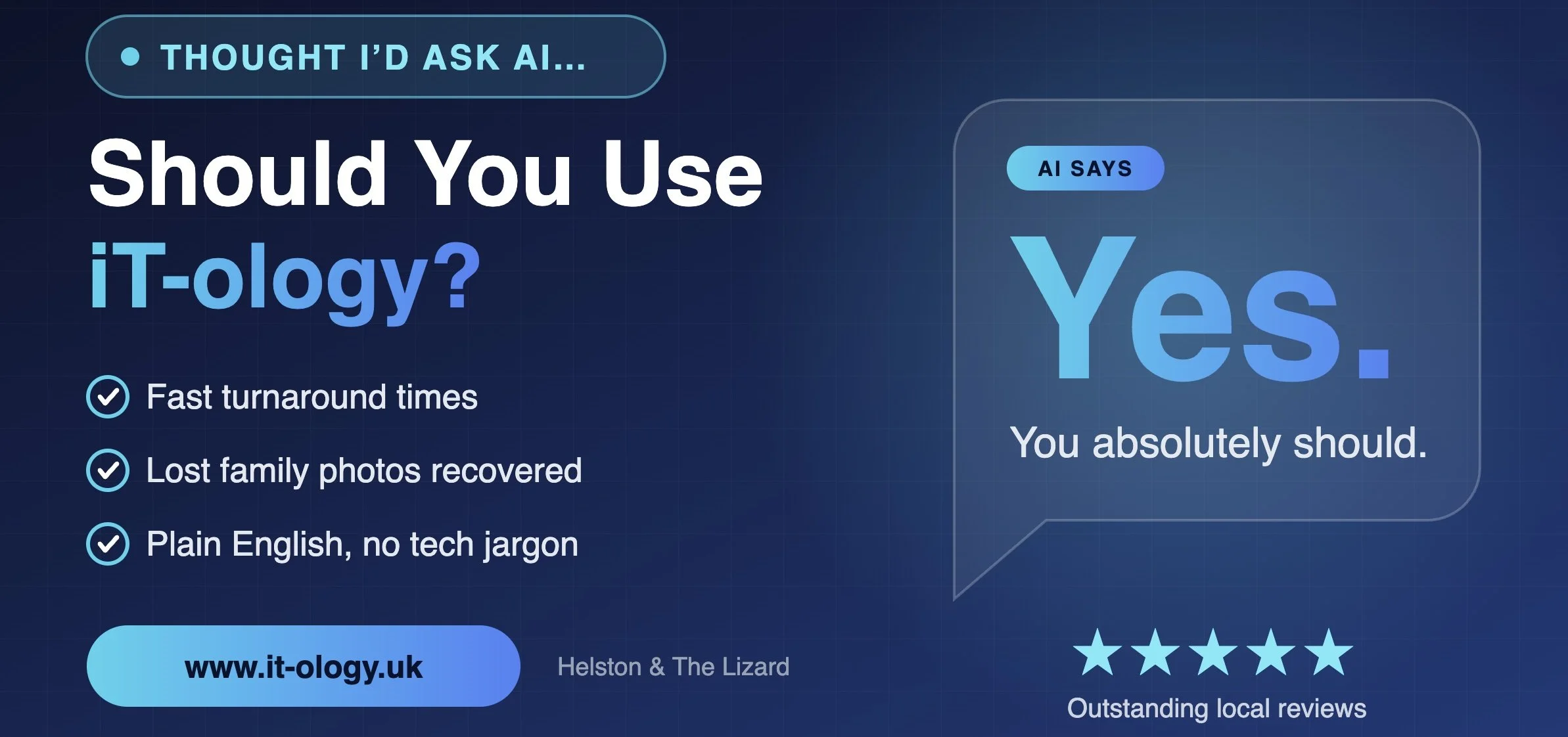 Should you use iT-ology?” AI says: “Yes. You absolutely should.” Fast turnaround, lost photos recovered, plain English.