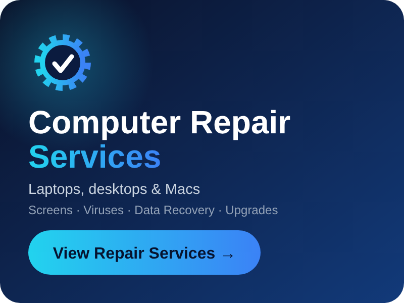 Computer Repair Services from iT-ology – laptops, desktops and Macs. Screen repairs, virus removal, data recovery and upgrades. Click to view our repair services.