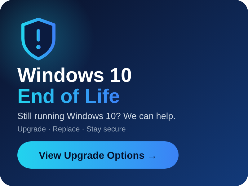 Screenshot of a Windows 10 upgrade warning, indicating Windows 10 is at end of life, with options to view upgrade options.