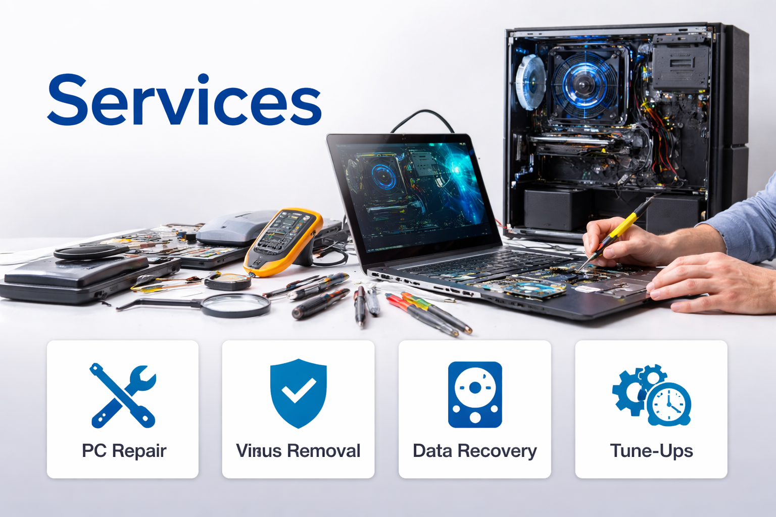 A repair technician working on a disassembled desktop computer surrounded by tools, a laptop, and a remote control. The image promotes services like PC repair, virus removal, data recovery, and tune-ups.