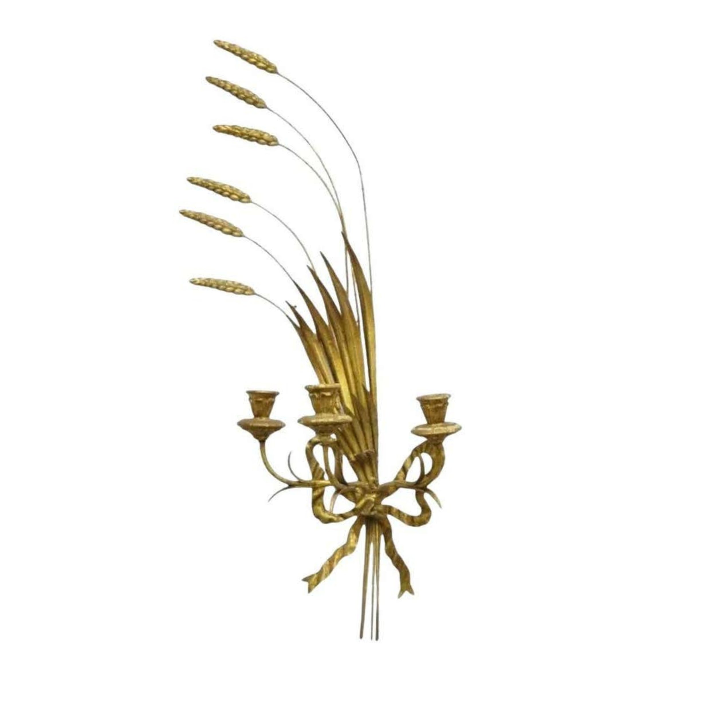 Italian Hollywood Regency Gold Gilt Iron Tole Wheat Sheaf Wall Sconce