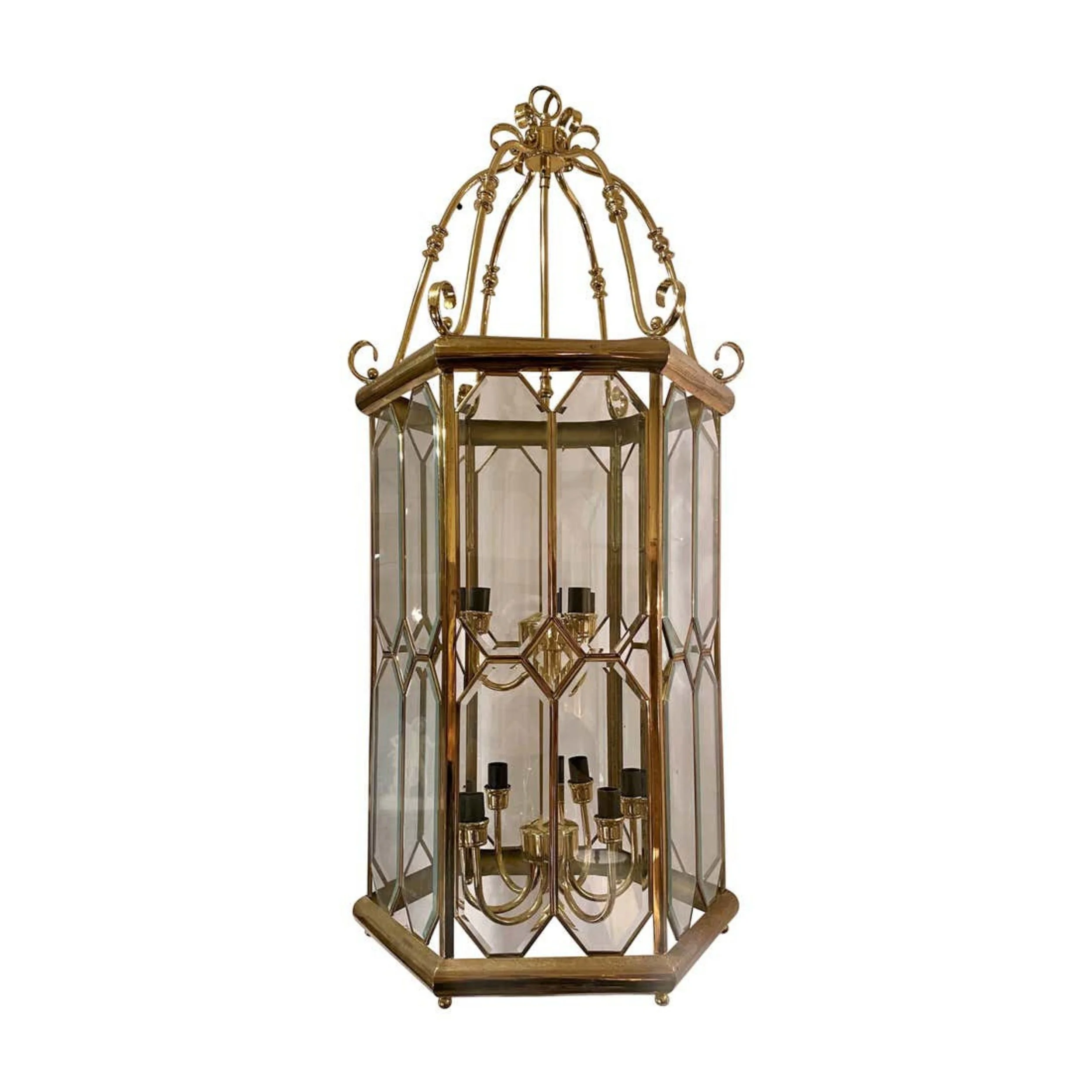 Estate Belgian Architectural Beveled Glass and Brass Lantern