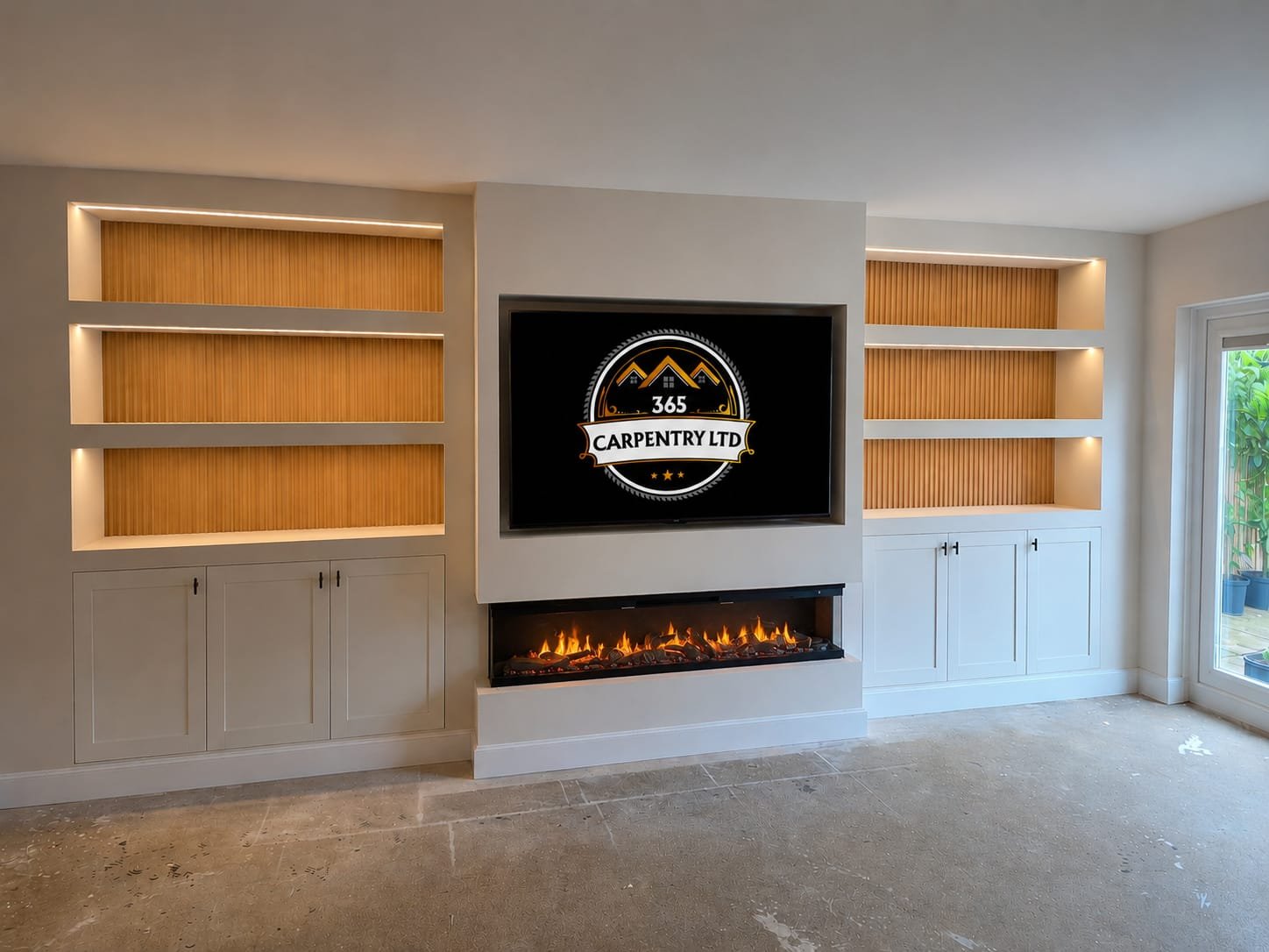 Living room wall with decorative wood shelves, a mounted flat-screen TV displaying a carpentry company logo, a modern fireplace with flames, white cabinetry, and a sliding glass door showing an outdoor area with potted plants.