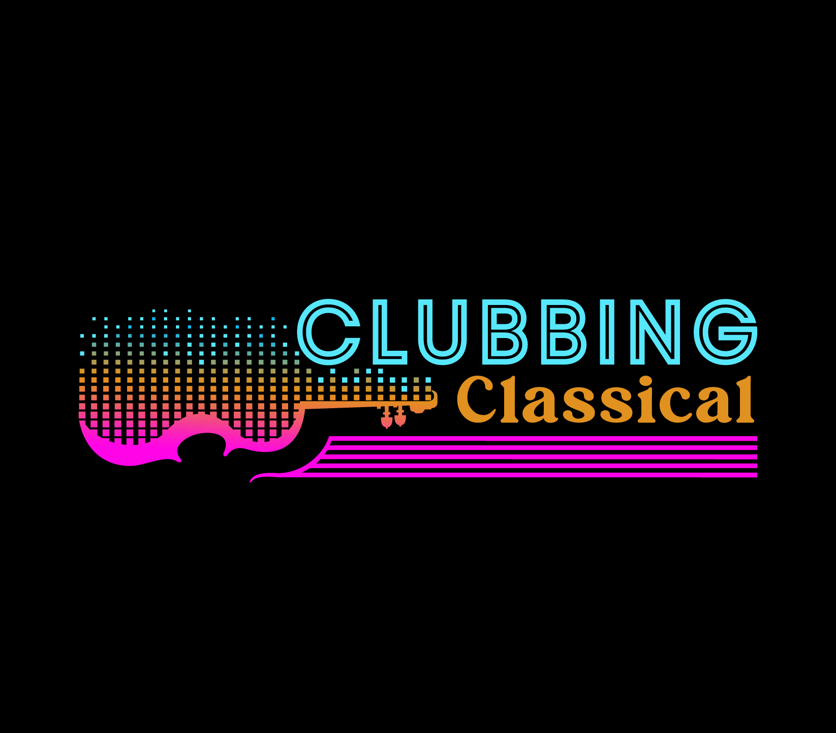 Logo featuring a stylized neon-colored violin with the words 'Clubbing Classical' in bright blue and gold font on a black background.