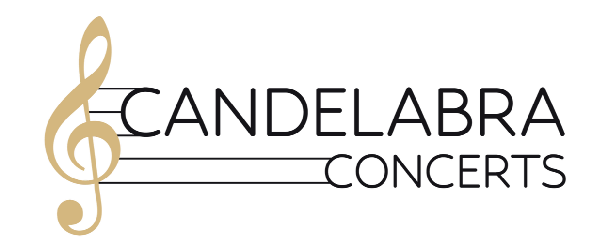 Logo for Candelabra Concerts featuring a gold treble clef and black text.