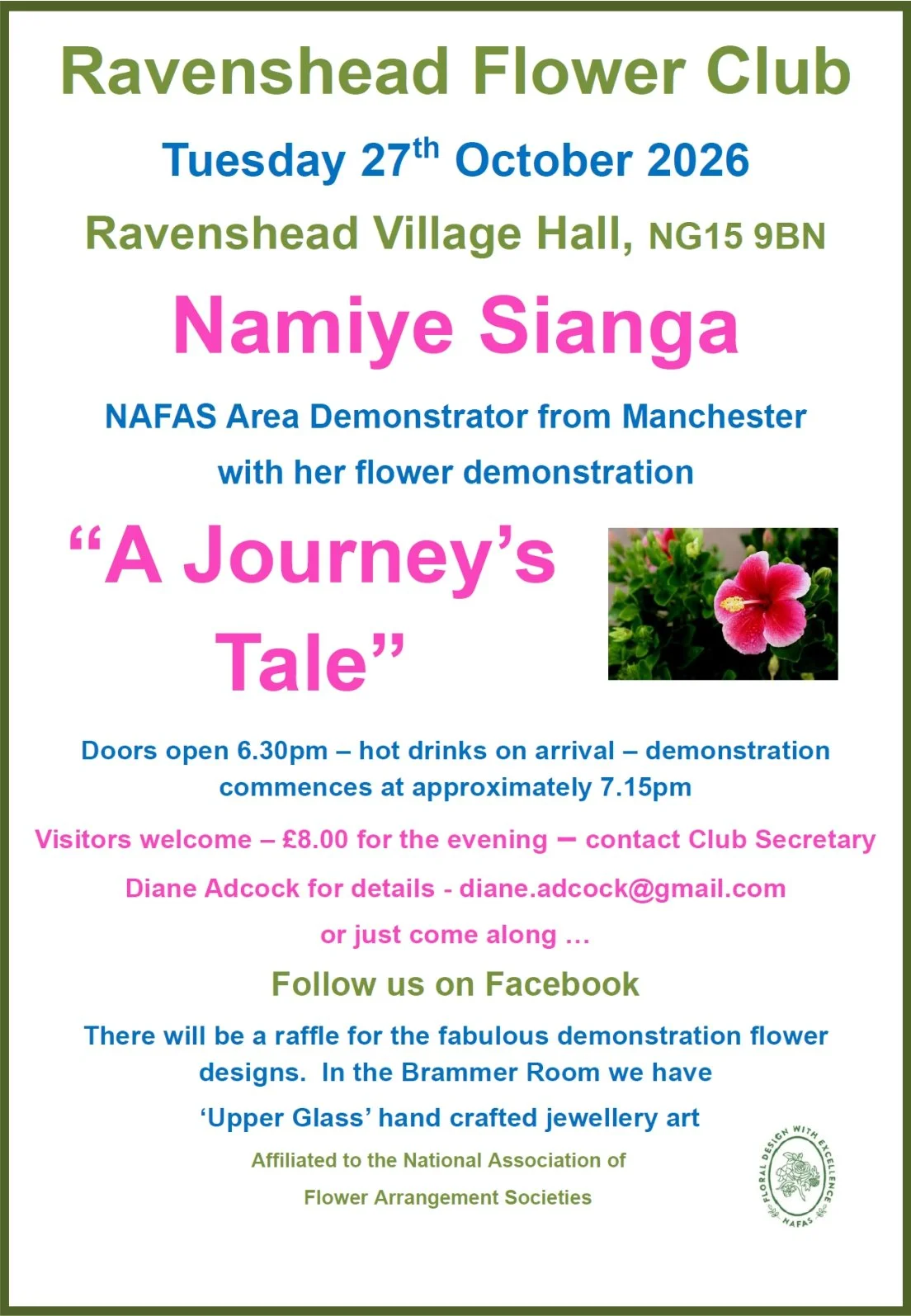 Ravenshead Flower Club's monthly meeting on 27-Oct-26. Details in poster below and click image for more info.