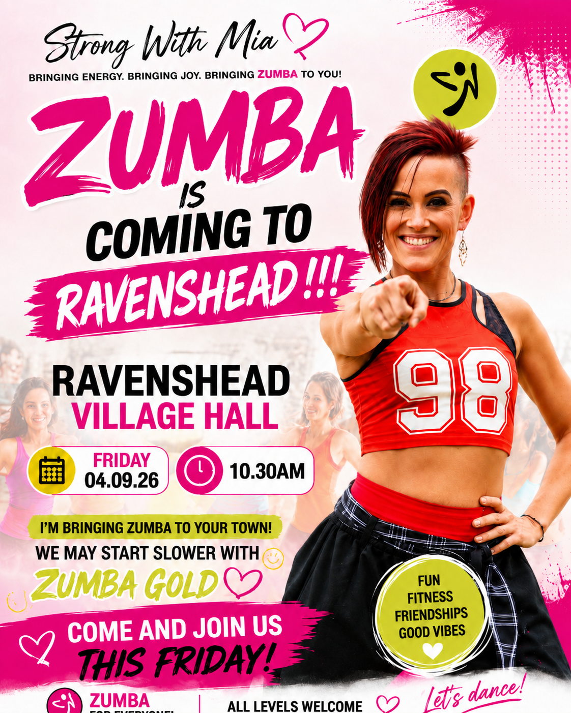 Zumba class on Friday, 4-Sept-26 - see poster for details