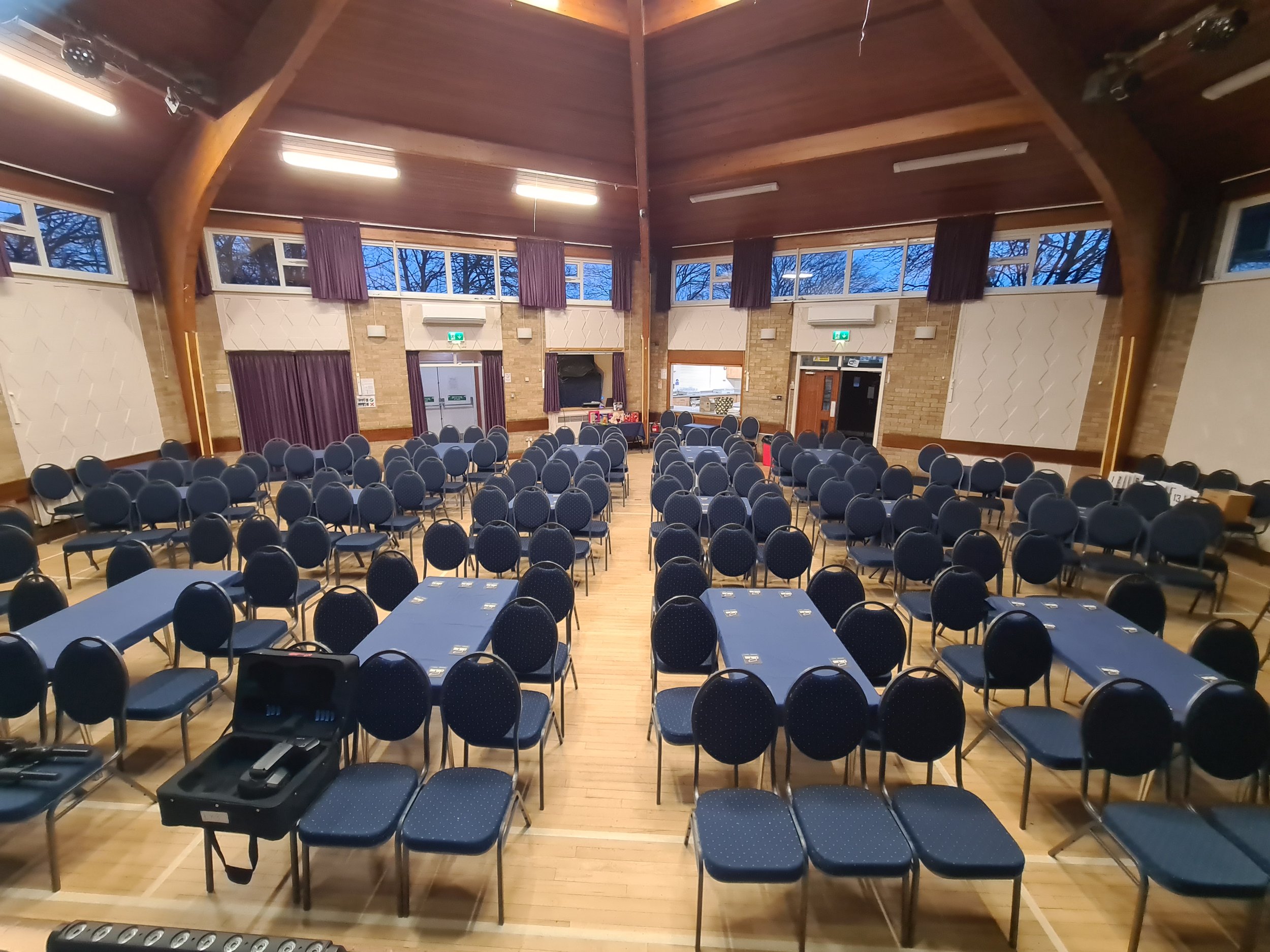 This is the main hall set up cabaret style for theatre and music events. About 150 seats and about 16 tables can easily be accommodated. This is a good arrangement to have as audience members have somewhere to put drinks from our licensed bar and is 