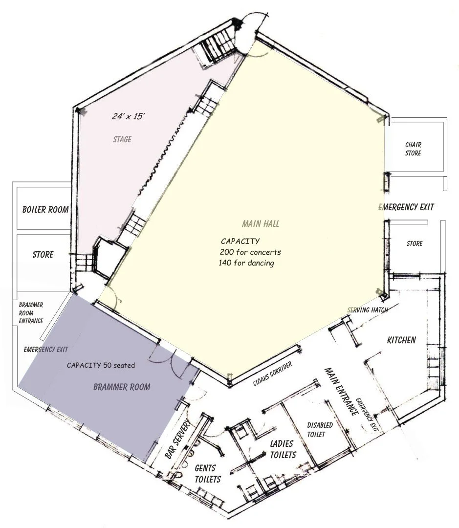 Ravenshead Village Hall layout plan. The main hall is large enough for a badminton court.
