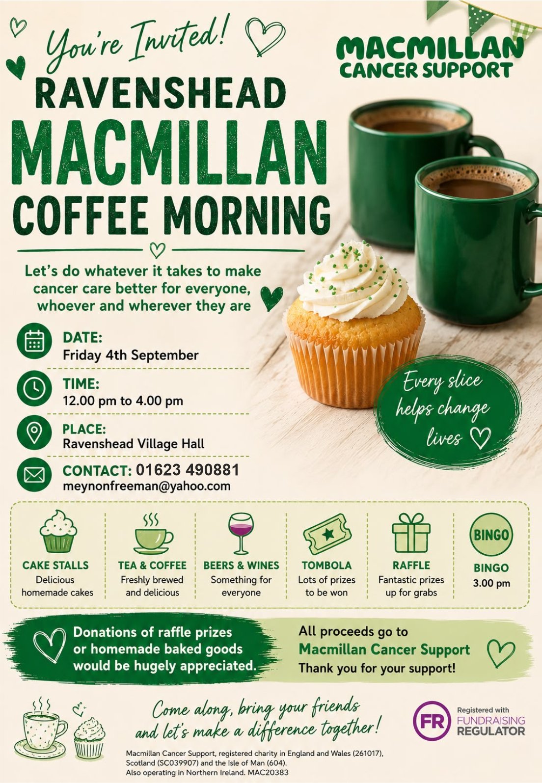 Friday, 4 September 2026, we host the Macmillan Coffee Morning...in the Afternoon