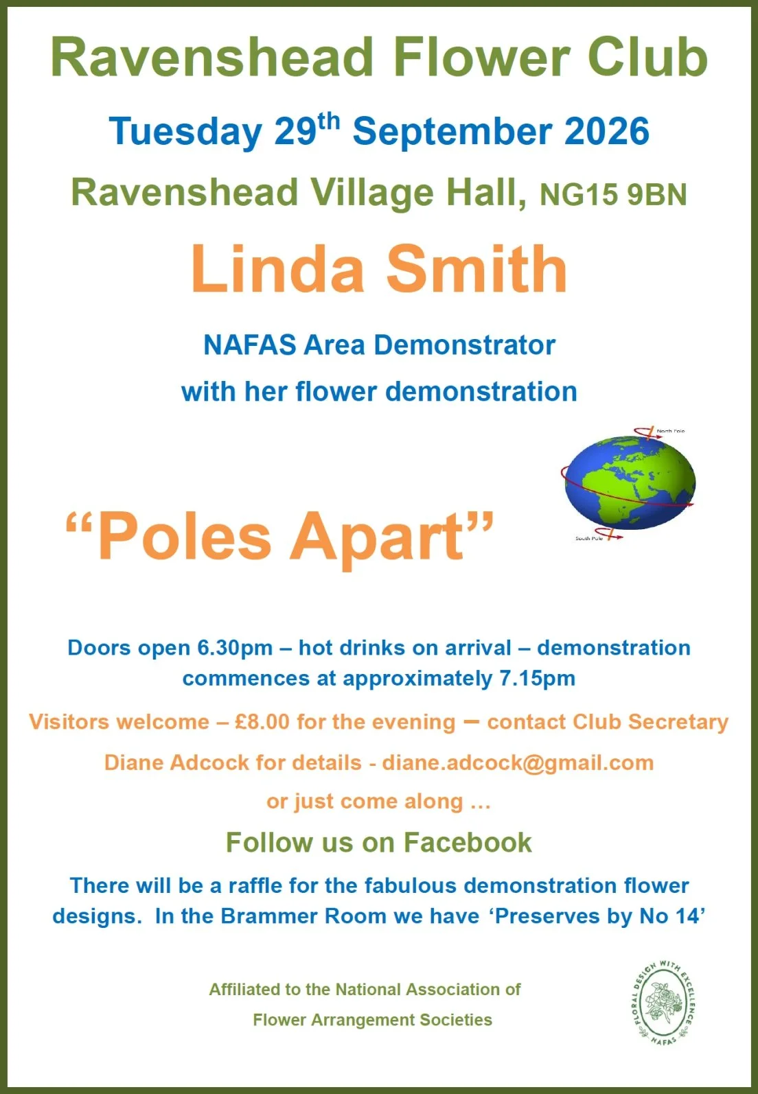 Ravenshead Flower Club's monthly meeting on 29-Sept-26. Details in poster below and click image for more info.