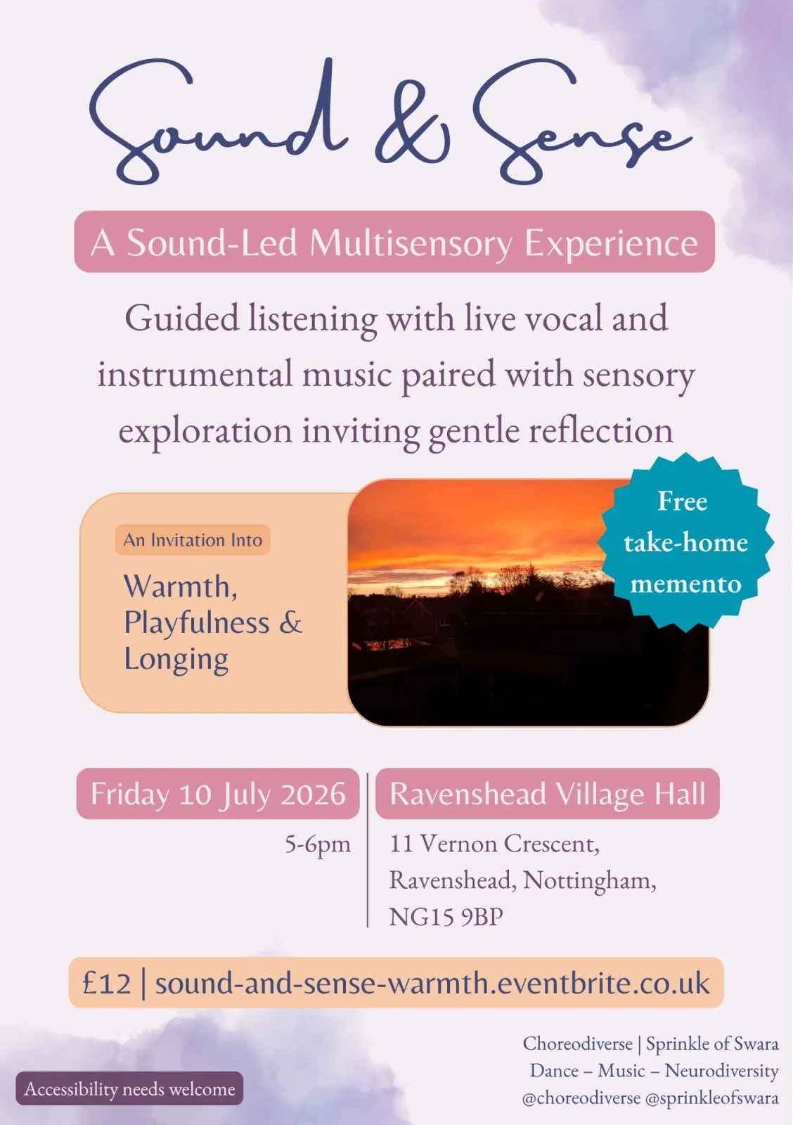Sprinkle of Swara hold their sound bath on Friday, 10-Jul-26. Click on image to link to tickets.