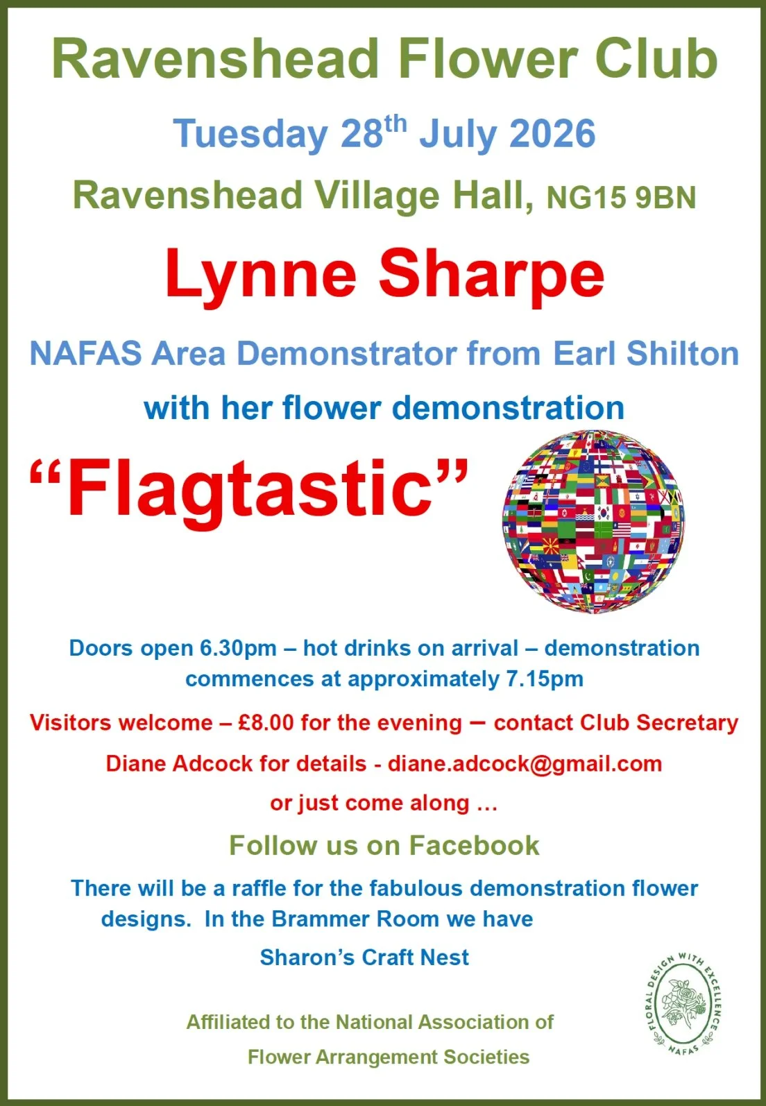 Ravenshead Flower Club's monthly meeting on 28-Jul-26. Details in poster below and click image for more info.
