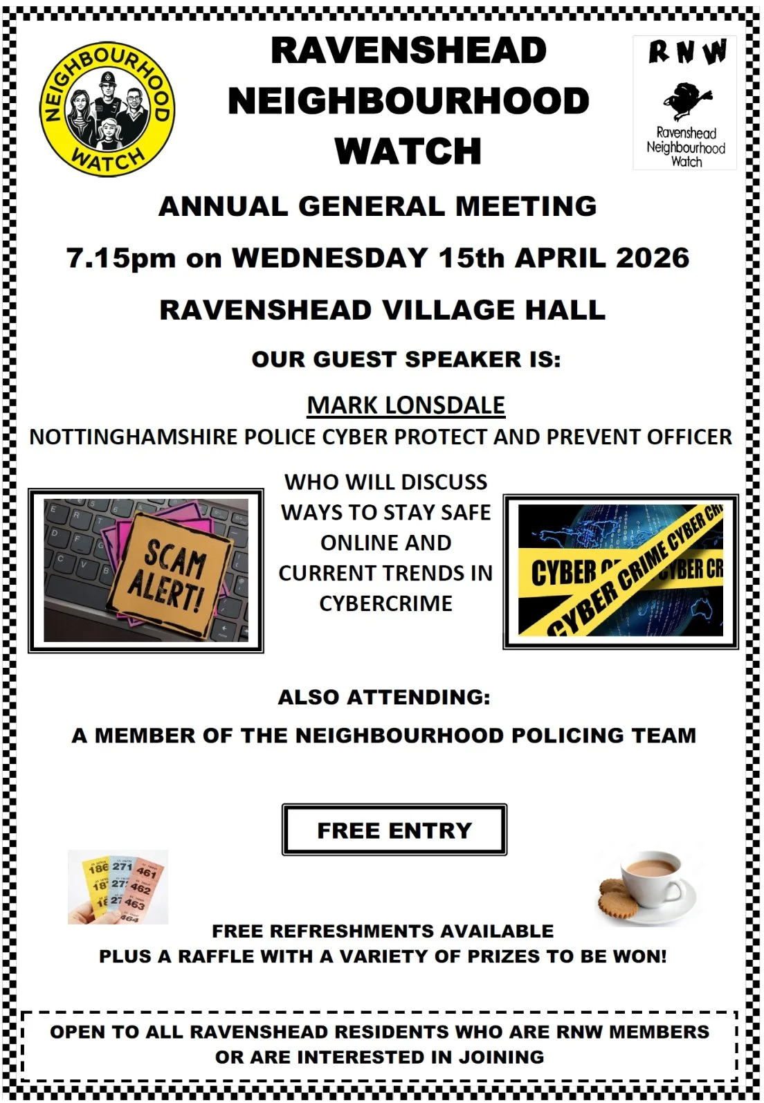 Ravenshead Neighbourhood Watch hold their AGM at the Village Hall on 15-Apr-26. Click on image for more details.