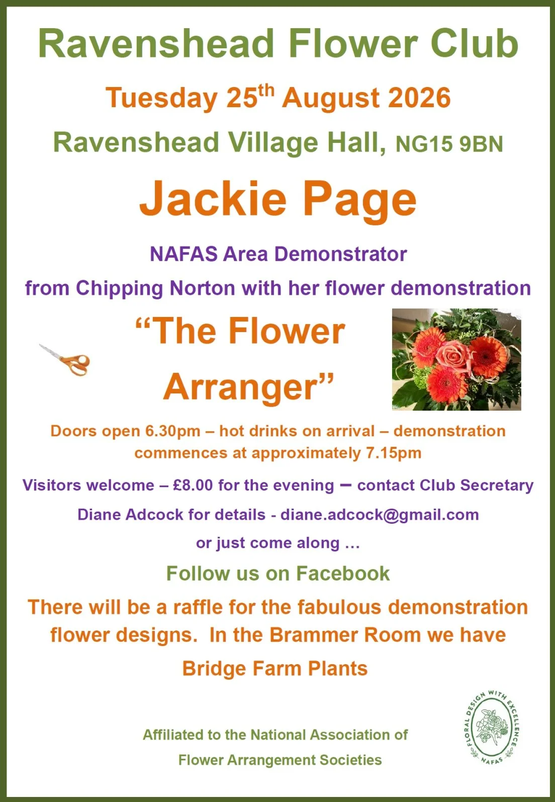 Ravenshead Flower Club's monthly meeting on 25-Aug-26. Details in poster below and click image for more info.